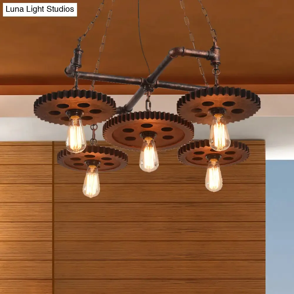 Farmhouse Bronze Metal Chandelier - 5 Lights Open Bulb Hanging Light Kit for Restaurants