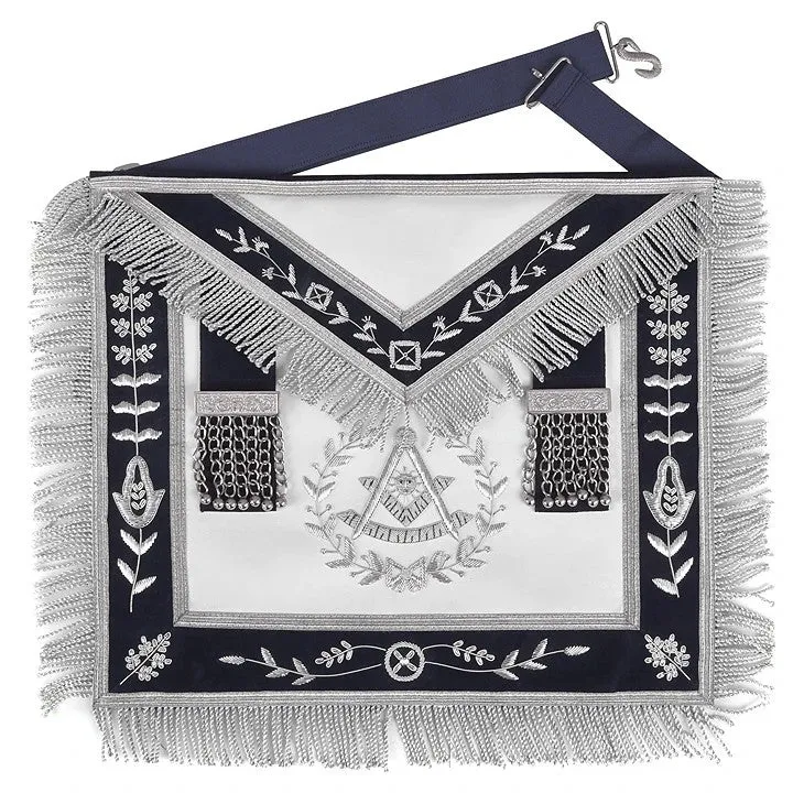 Grand Past Master Blue Lodge Apron - Blue Velvet With Silver Rayon Fringe