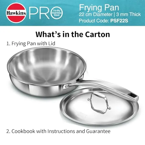 Hawkins Pro 22 cm Frying Pan, Triply Stainless Steel Fry Pan with Stainless Steel Handle and Stainless Steel Lid, Silver (PSF22S)