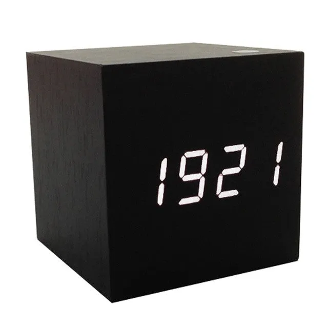 Hot USB/AAA Powered Cube LED Digital Alarm Clock Square Modern Sound Control Wood Clock Display Temperature Night Light