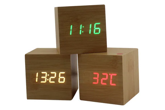 Hot USB/AAA Powered Cube LED Digital Alarm Clock Square Modern Sound Control Wood Clock Display Temperature Night Light