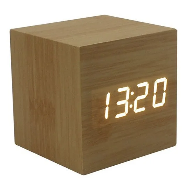 Hot USB/AAA Powered Cube LED Digital Alarm Clock Square Modern Sound Control Wood Clock Display Temperature Night Light