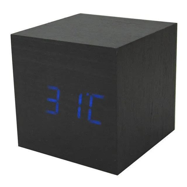 Hot USB/AAA Powered Cube LED Digital Alarm Clock Square Modern Sound Control Wood Clock Display Temperature Night Light