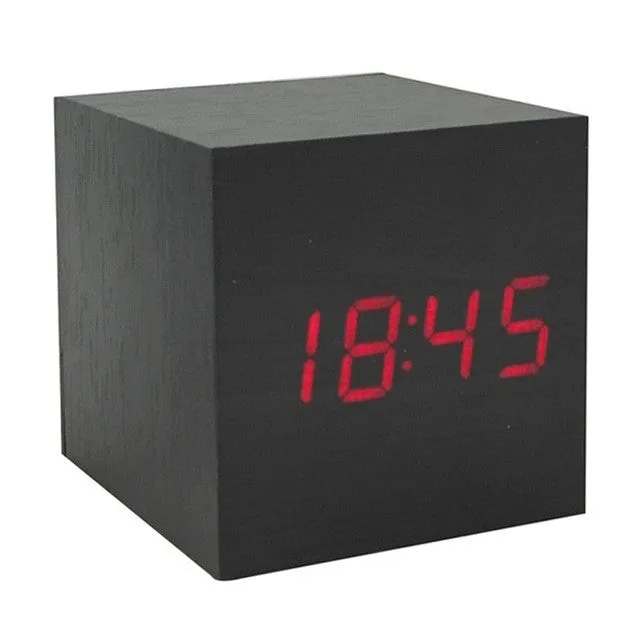 Hot USB/AAA Powered Cube LED Digital Alarm Clock Square Modern Sound Control Wood Clock Display Temperature Night Light