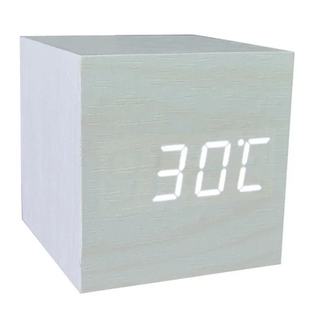 Hot USB/AAA Powered Cube LED Digital Alarm Clock Square Modern Sound Control Wood Clock Display Temperature Night Light