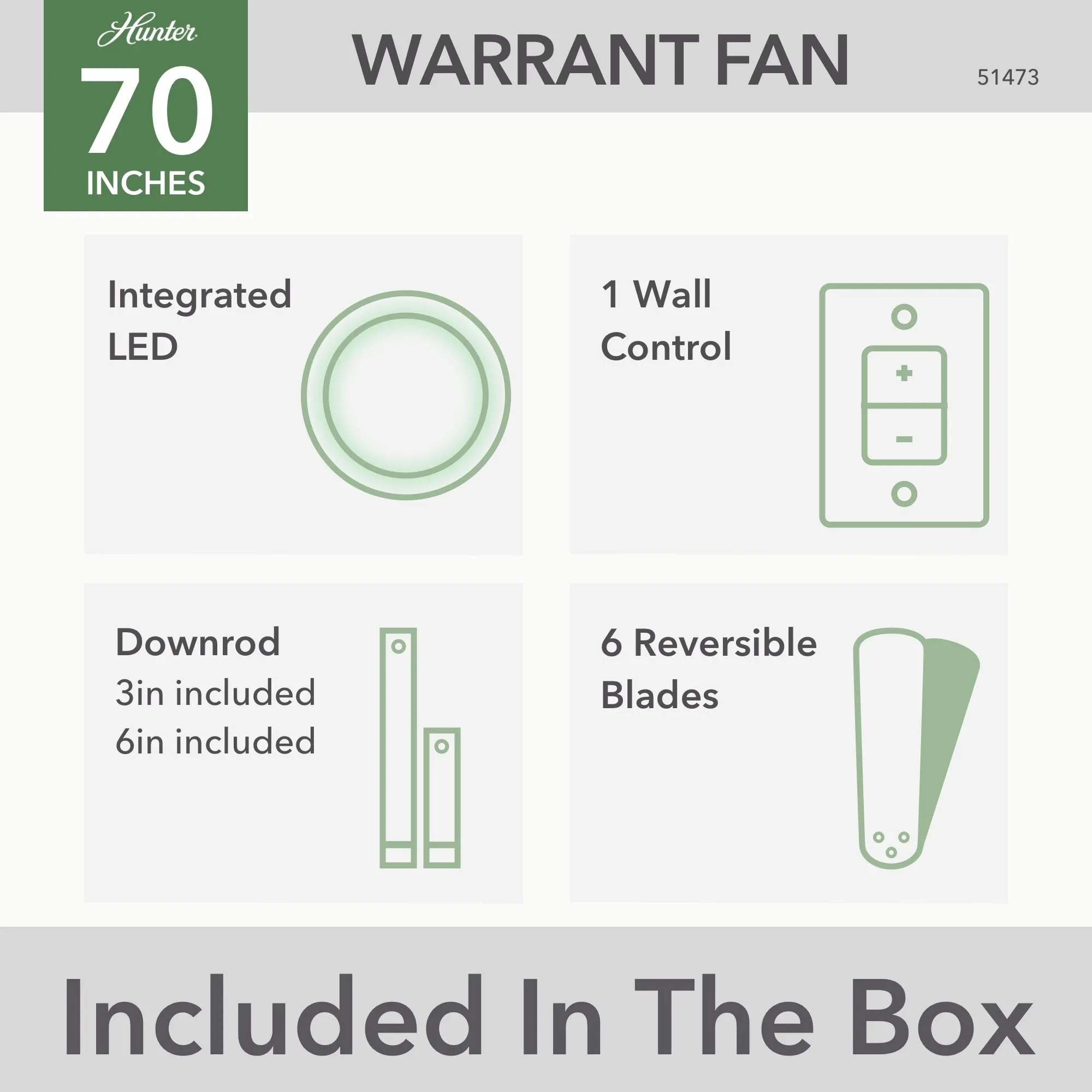 Hunter 70 inch Warrant Ceiling Fan with LED Light Kit and Wall Control