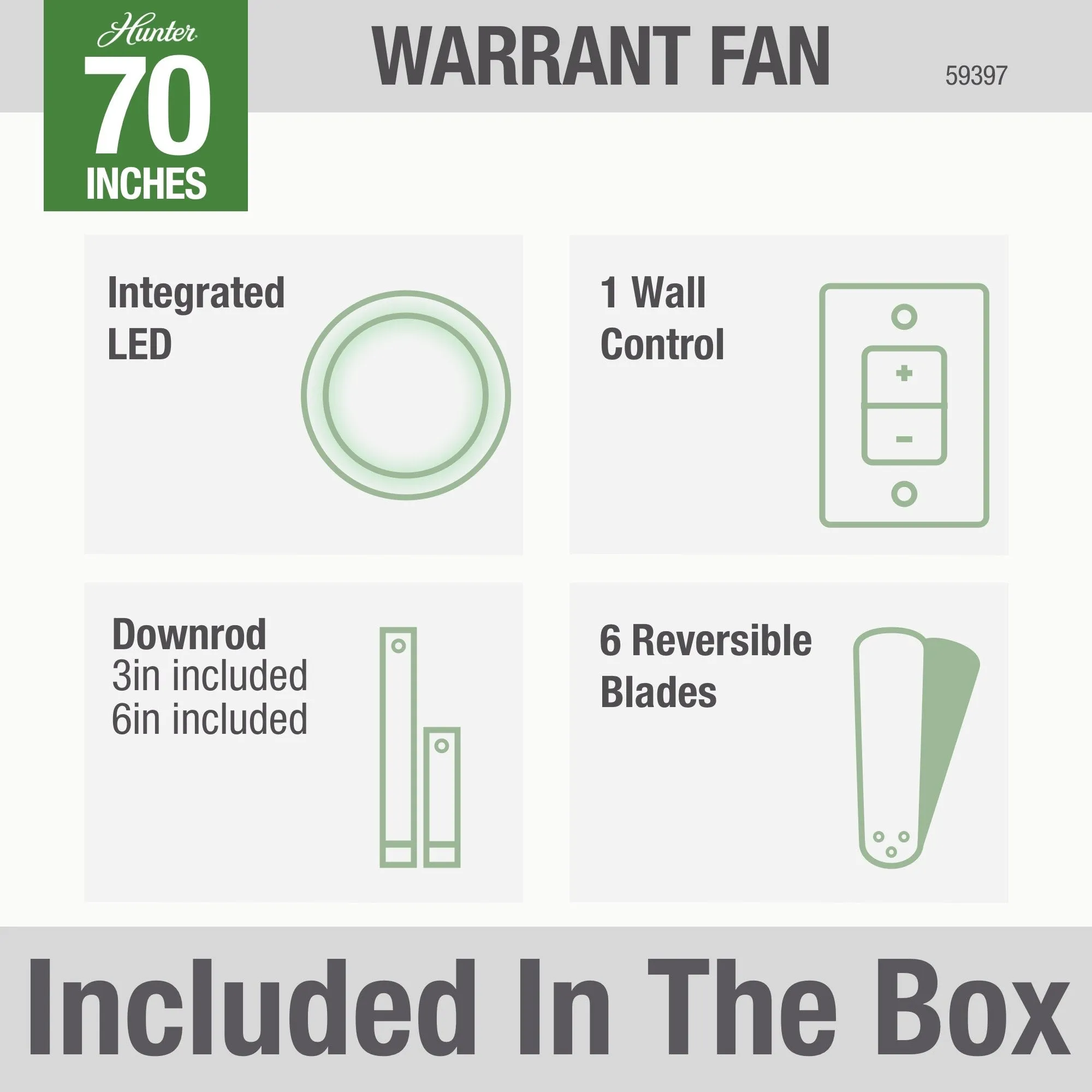 Hunter 70 inch Warrant Ceiling Fan with LED Light Kit and Wall Control