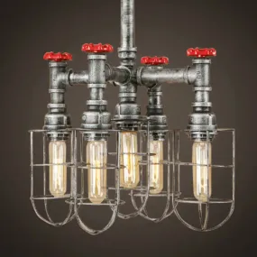 Industrial Caged Amber Glass Hanging Chandelier with Silver Valve - 5-Lights Ceiling Light Fixture