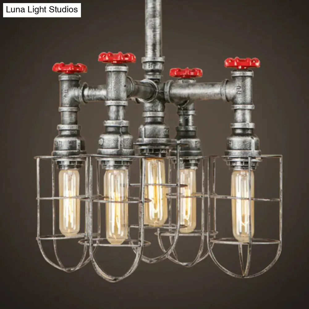 Industrial Caged Amber Glass Hanging Chandelier with Silver Valve - 5-Lights Ceiling Light Fixture