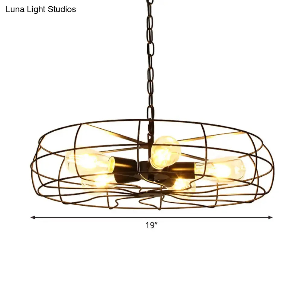 Industrial Iron 5-Bulb Black Pendant Chandelier - Round Caged Restaurant Ceiling Lamp, 19"/21.5" W