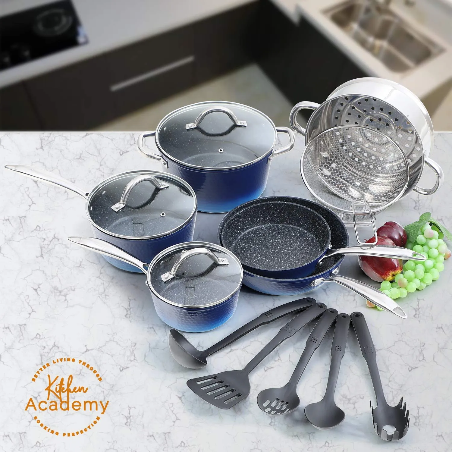 Kitchen Academy Stylish Hammered Finish Nonstick 15 Pieces Cookware Set