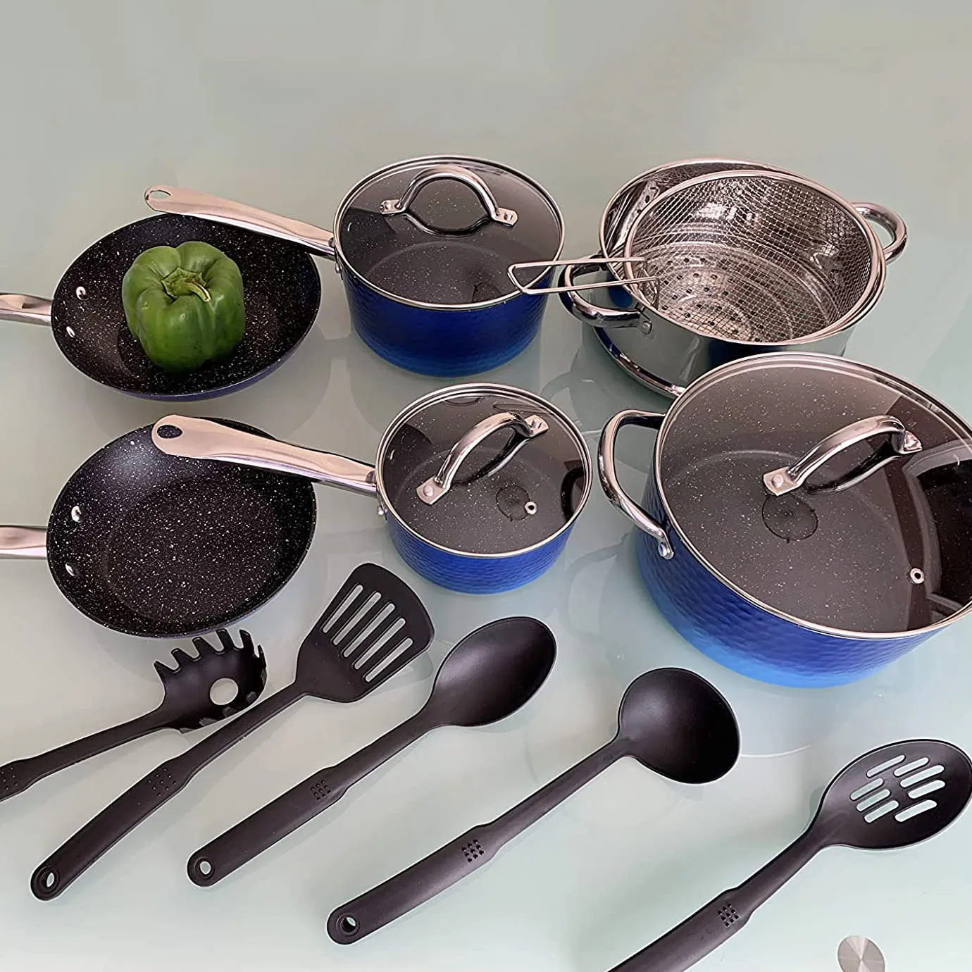 Kitchen Academy Stylish Hammered Finish Nonstick 15 Pieces Cookware Set