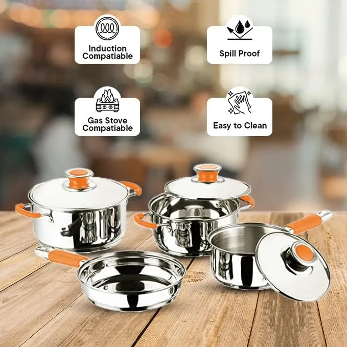 Kuber Industries Set of 4 Stainless Steel Cookware Set I Induction Base Cookware I Saucepan (1.4 L), Kadai (2.0 L), Casserole (2.5 L), Frypan (1 L) and 3 Lids I Heavy Gauge Steel (Pack of 6)