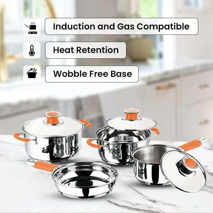 Kuber Industries Set of 4 Stainless Steel Cookware Set I Induction Base Cookware I Saucepan (1.4 L), Kadai (2.0 L), Casserole (2.5 L), Frypan (1 L) and 3 Lids I Heavy Gauge Steel (Pack of 6)