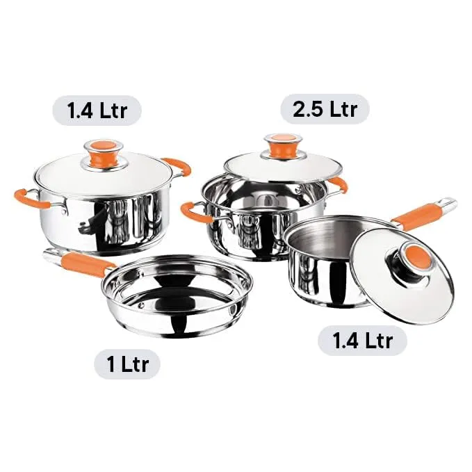 Kuber Industries Set of 4 Stainless Steel Cookware Set I Induction Base Cookware I Saucepan (1.4 L), Kadai (2.0 L), Casserole (2.5 L), Frypan (1 L) and 3 Lids I Heavy Gauge Steel (Pack of 6)