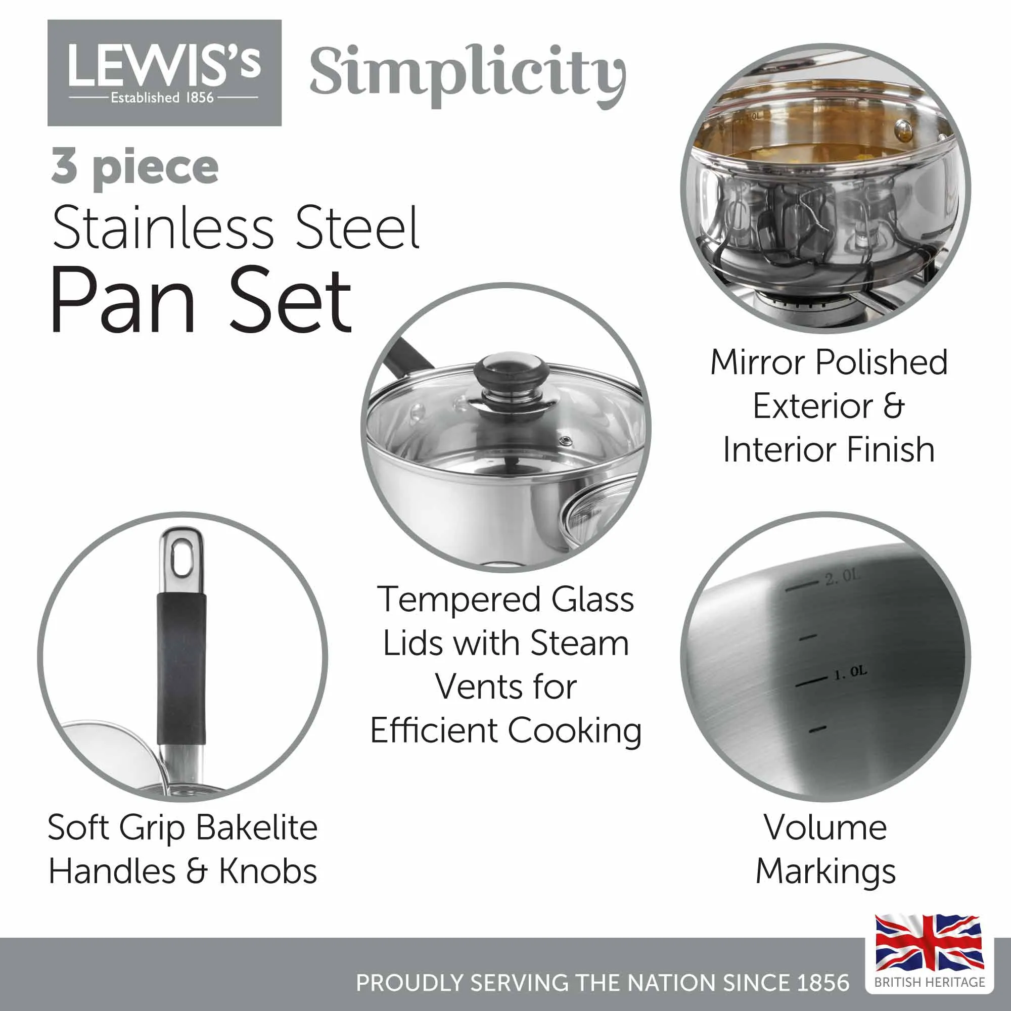 Lewis's Stainless Steel 3 Piece Pan Set with Silica Handles - Silver