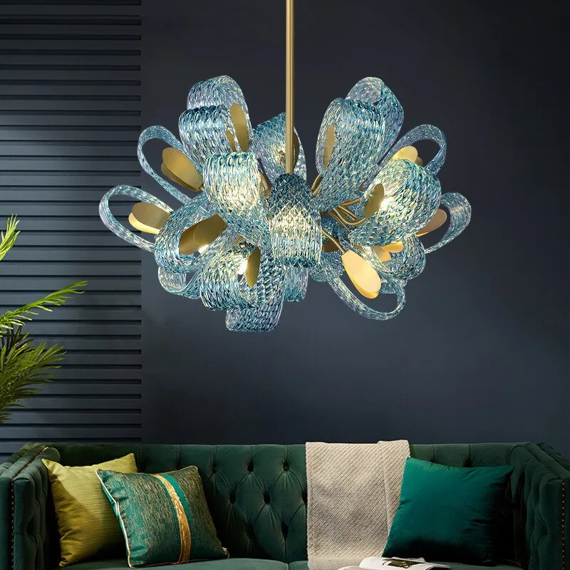 Modern Luxury Flower Ceiling Chandeliers Blue Copper Led Pendant Lamp Living Dining Salon Bedroom Home Decor Hanging Lightings