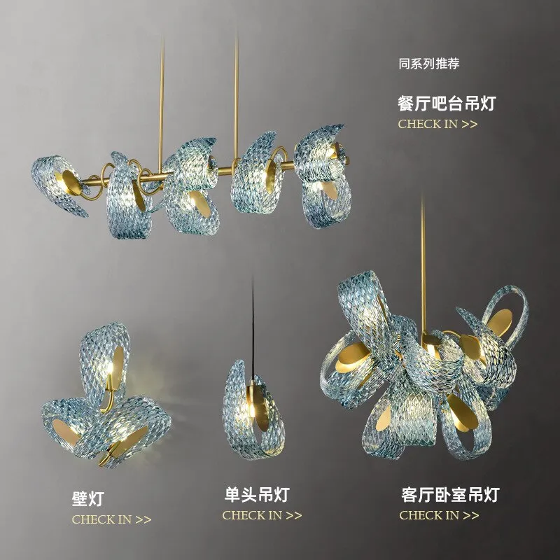 Modern Luxury Flower Ceiling Chandeliers Blue Copper Led Pendant Lamp Living Dining Salon Bedroom Home Decor Hanging Lightings