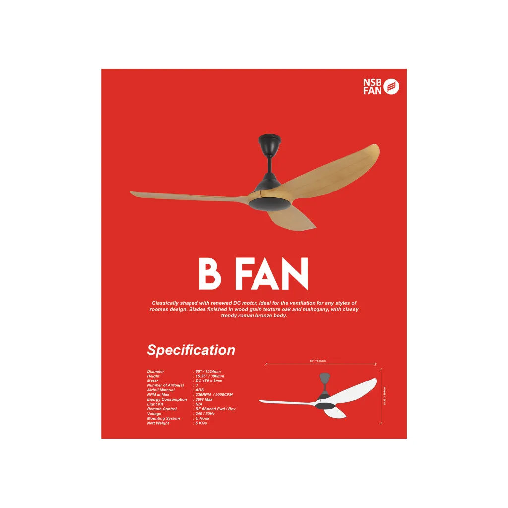 NSB B FAN (RB/Oak) 60 Inch DC Motor with Remote Control Ceiling Fan