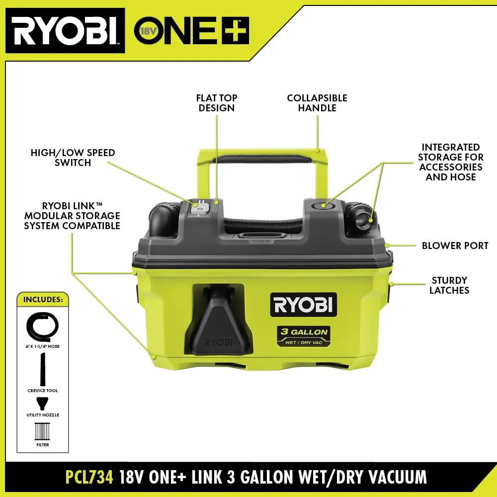 Open Box - RYOBI ONE  18V LINK Cordless 3 Gal. Wet/Dry Vacuum (Tool Only), Greens