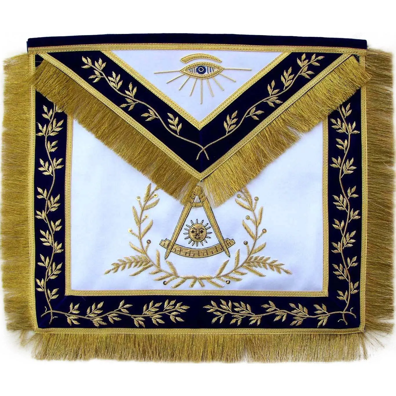 Past Master Blue Lodge Apron - Navy Blue with Gold Hand Embroidery & Fringe Tassels