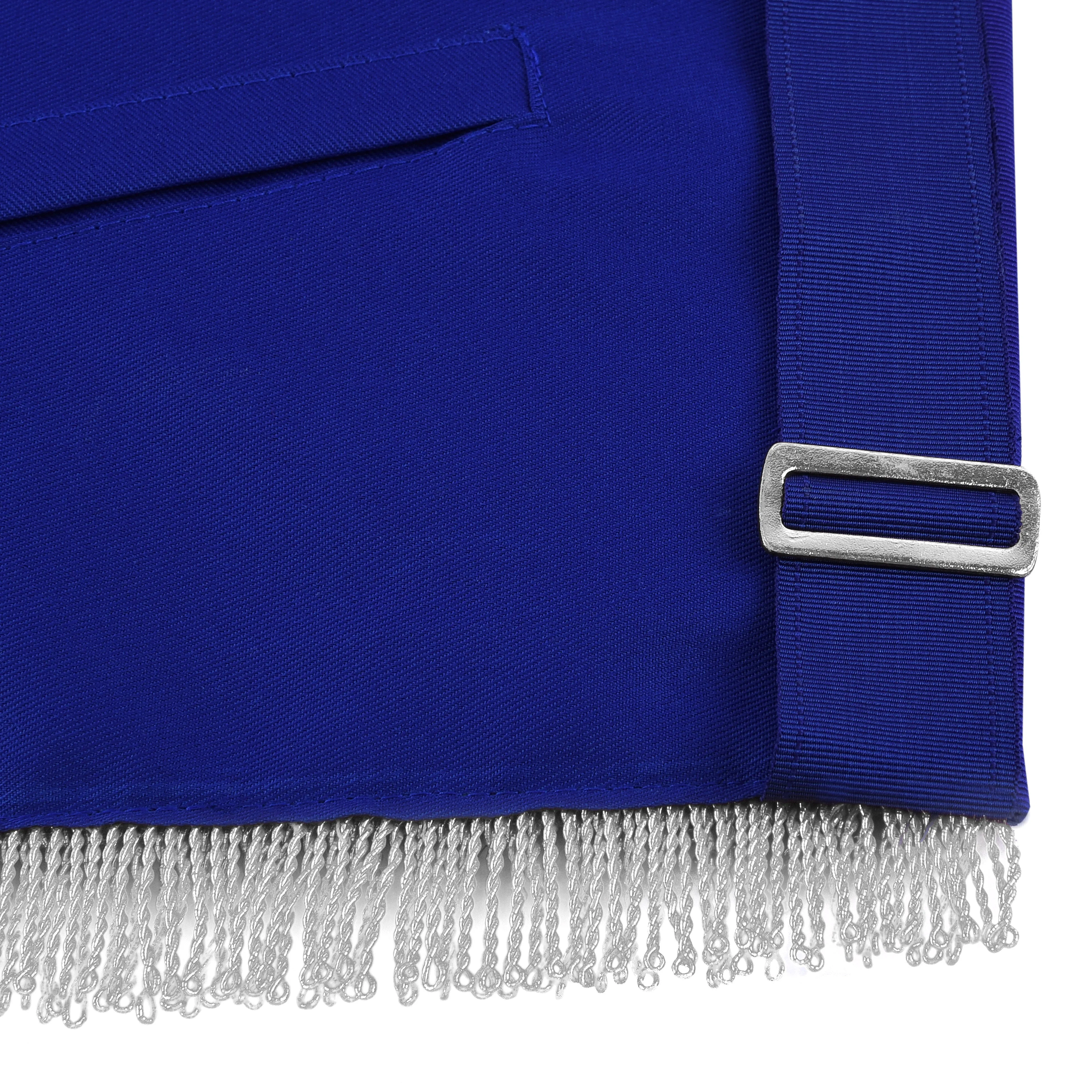 Past Master Blue Lodge Apron - Royal Blue Ribbon With Silver Fringe & Chain Tassels