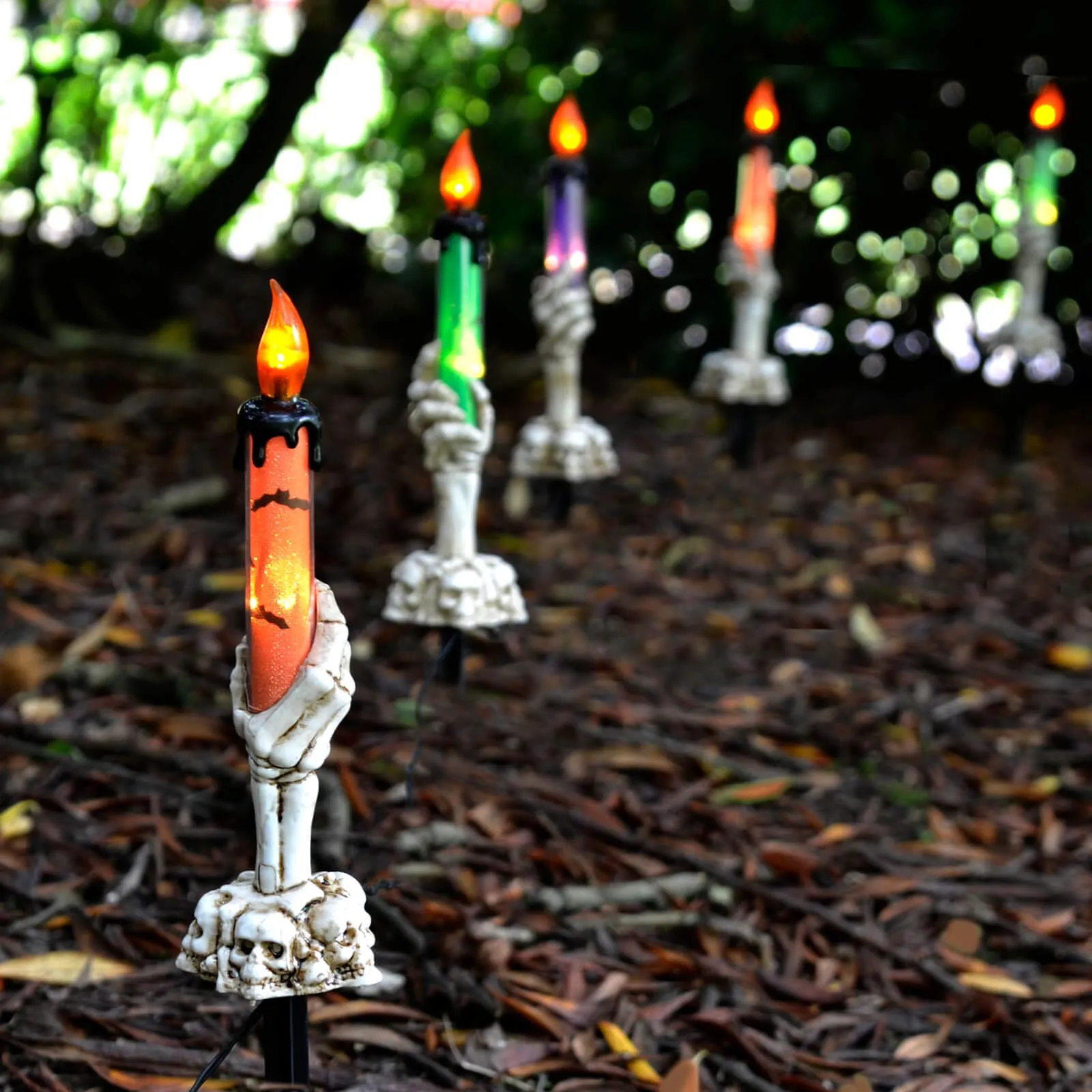 Set Of 5 LED Skeleton Candle Garden Stakes Halloween Prop 46cm