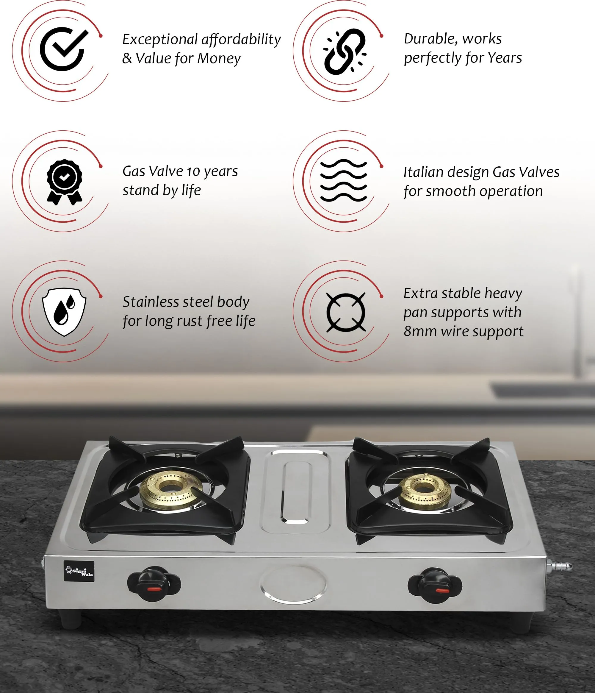 Sigri-wala Stainless Steel Manual Gas Stove (2 Burners)