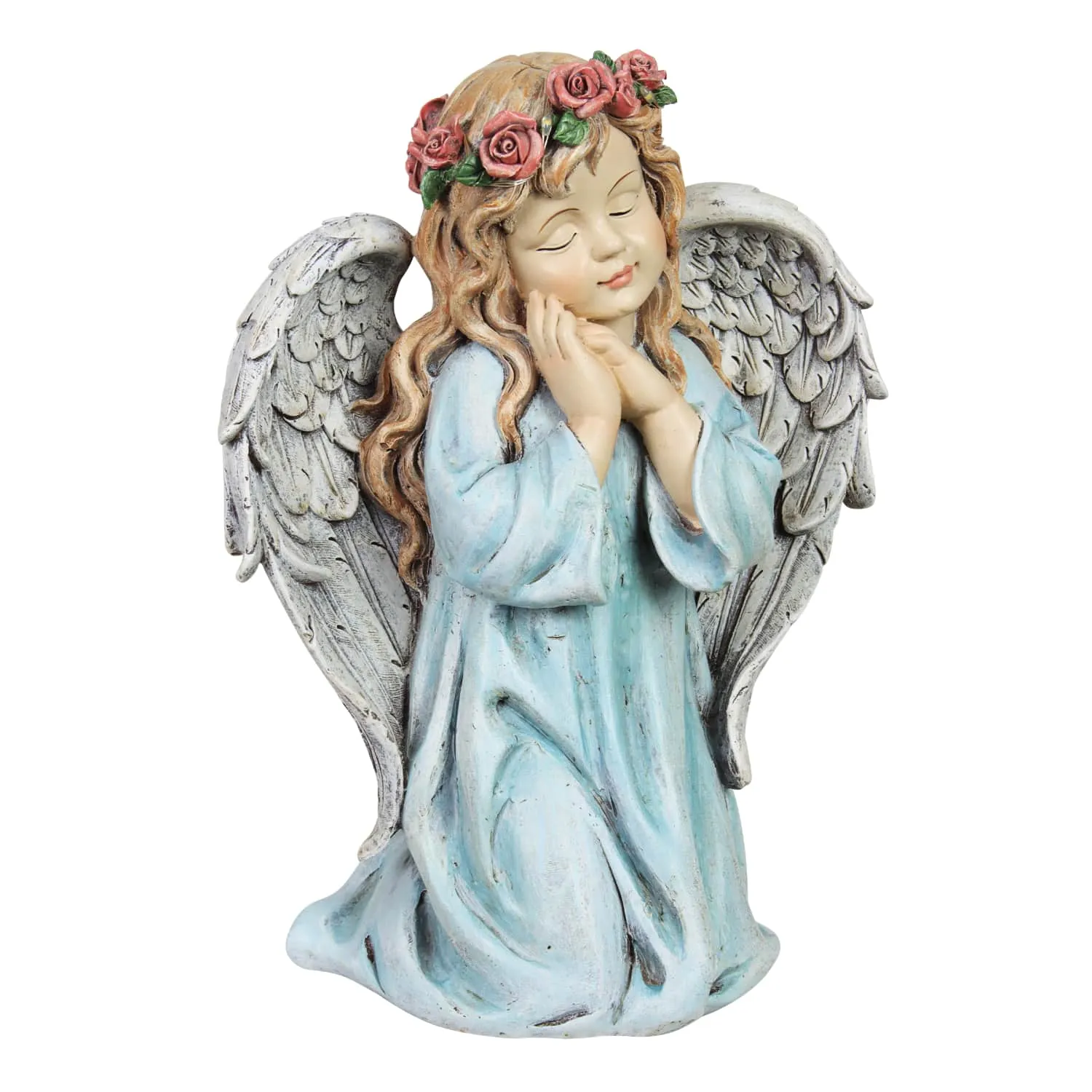 Solar Hand Painted Little Girl Angel Garden Statue with LED Flower Garland, 8.5 by 10.5 Inches