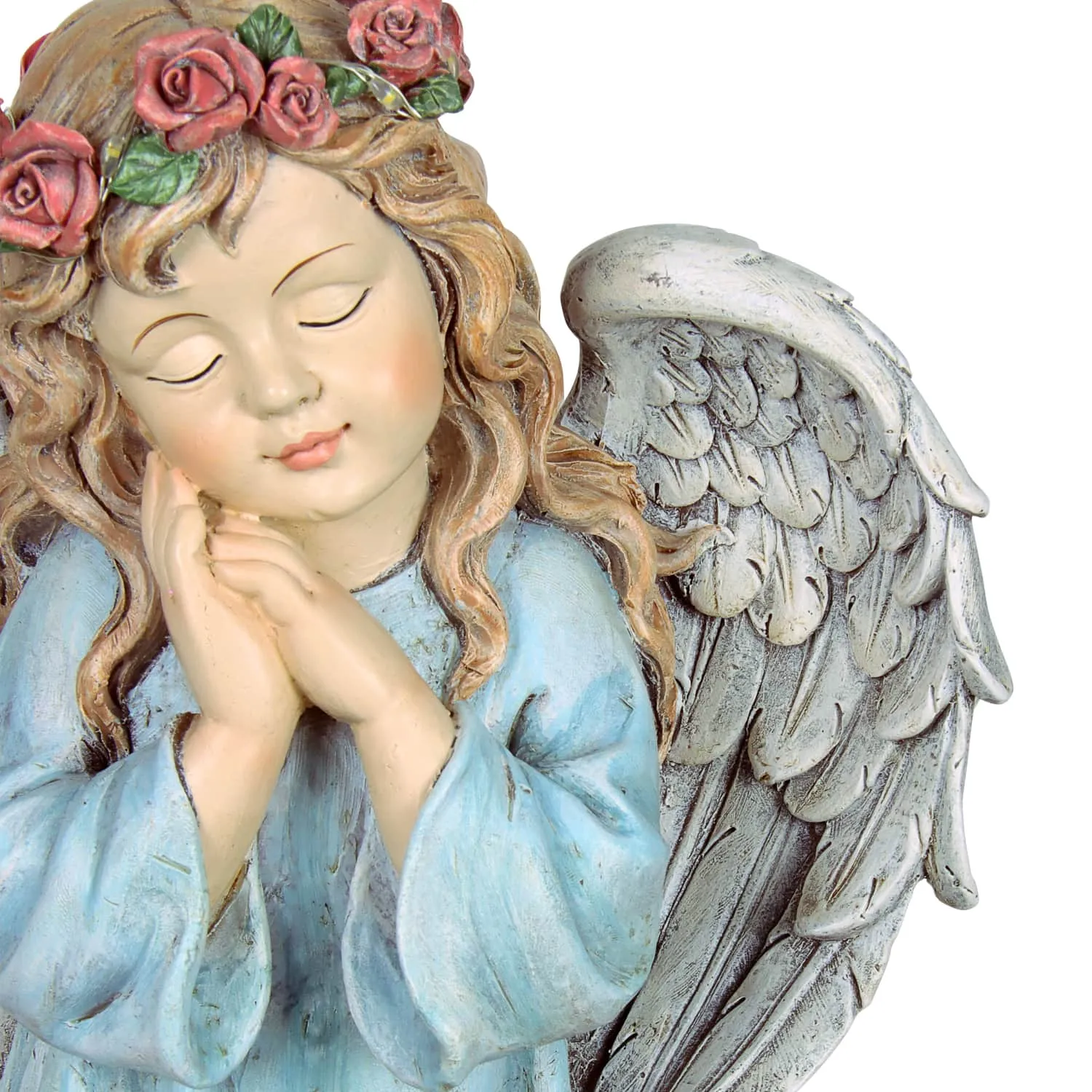 Solar Hand Painted Little Girl Angel Garden Statue with LED Flower Garland, 8.5 by 10.5 Inches