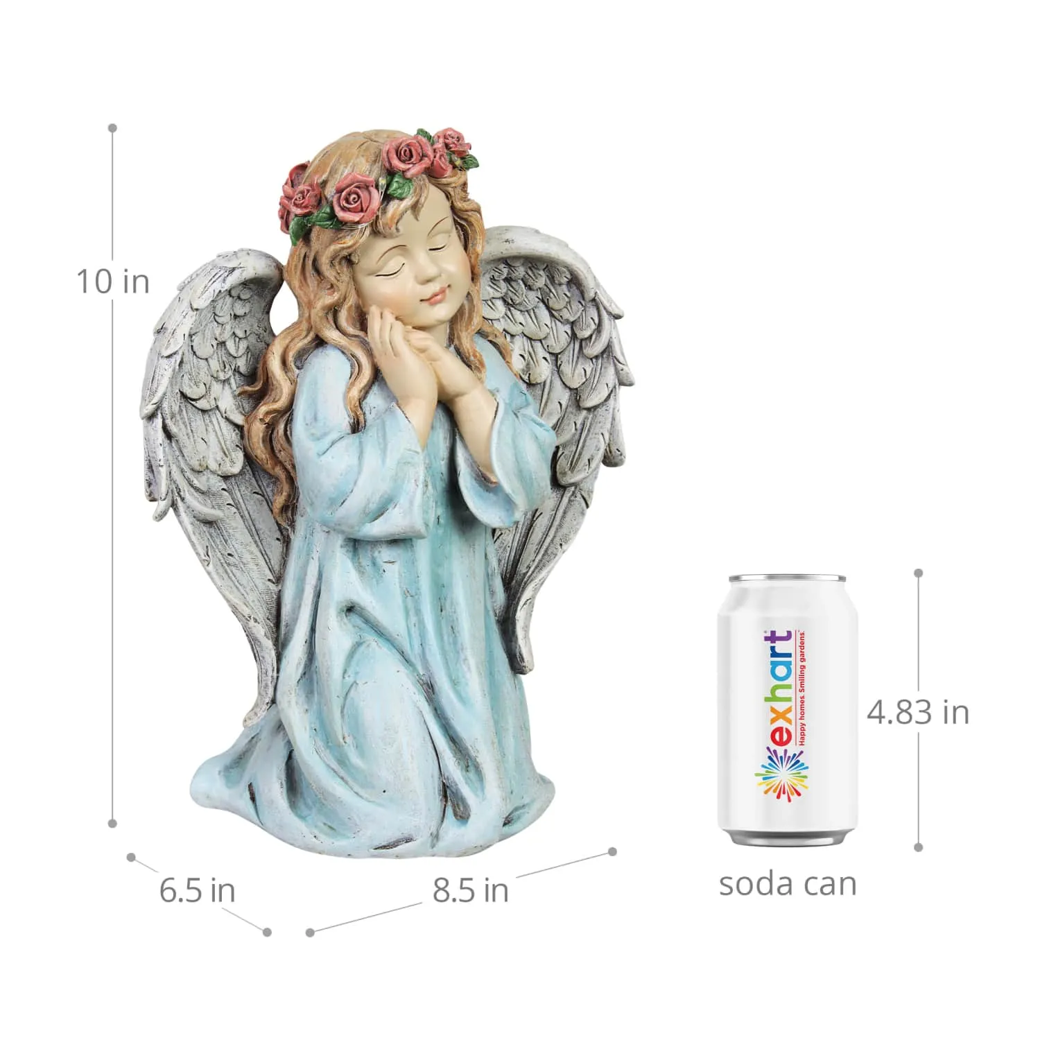 Solar Hand Painted Little Girl Angel Garden Statue with LED Flower Garland, 8.5 by 10.5 Inches