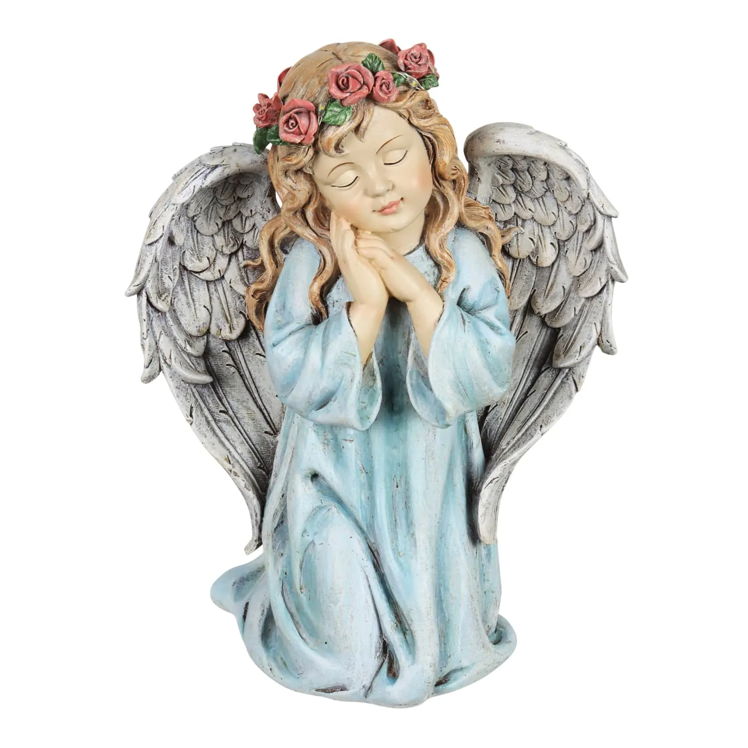 Solar Hand Painted Little Girl Angel Garden Statue with LED Flower Garland, 8.5 by 10.5 Inches