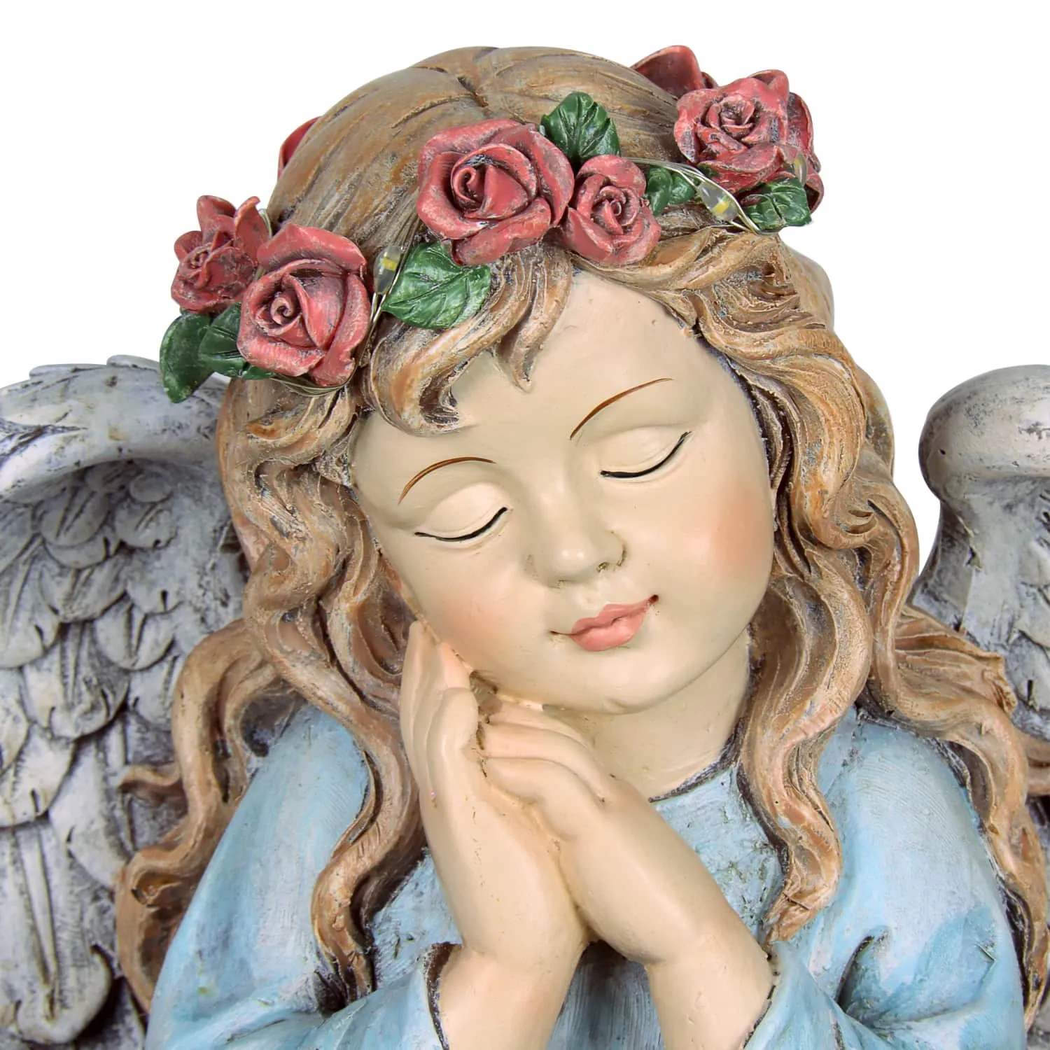 Solar Hand Painted Little Girl Angel Garden Statue with LED Flower Garland, 8.5 by 10.5 Inches