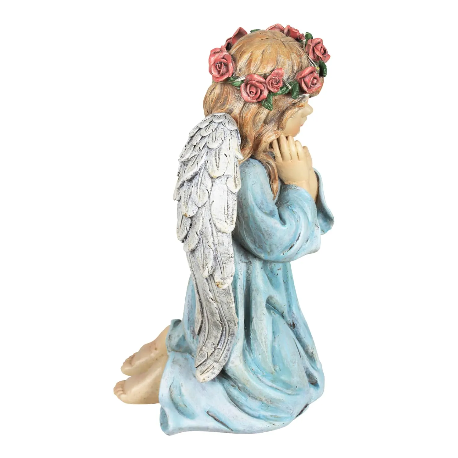 Solar Hand Painted Little Girl Angel Garden Statue with LED Flower Garland, 8.5 by 10.5 Inches