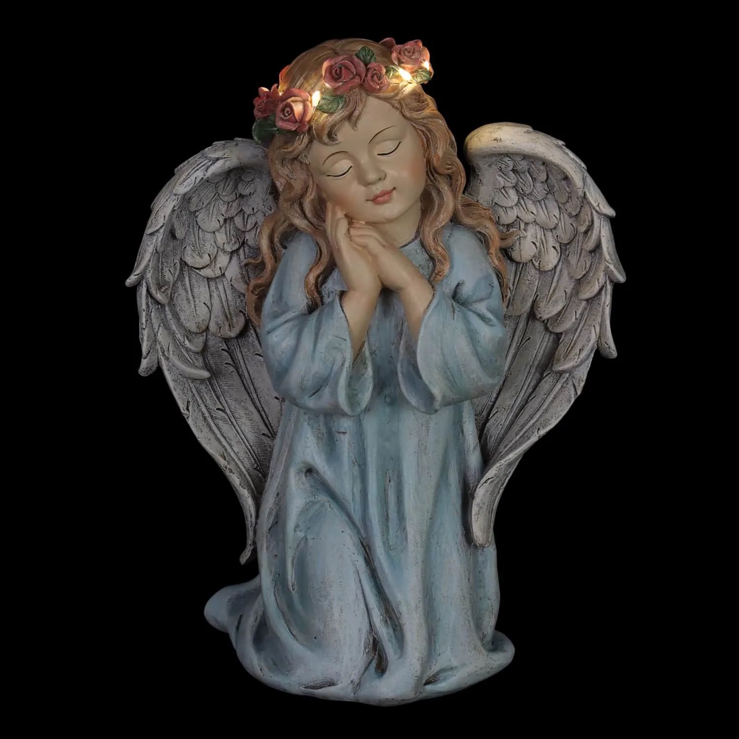 Solar Hand Painted Little Girl Angel Garden Statue with LED Flower Garland, 8.5 by 10.5 Inches