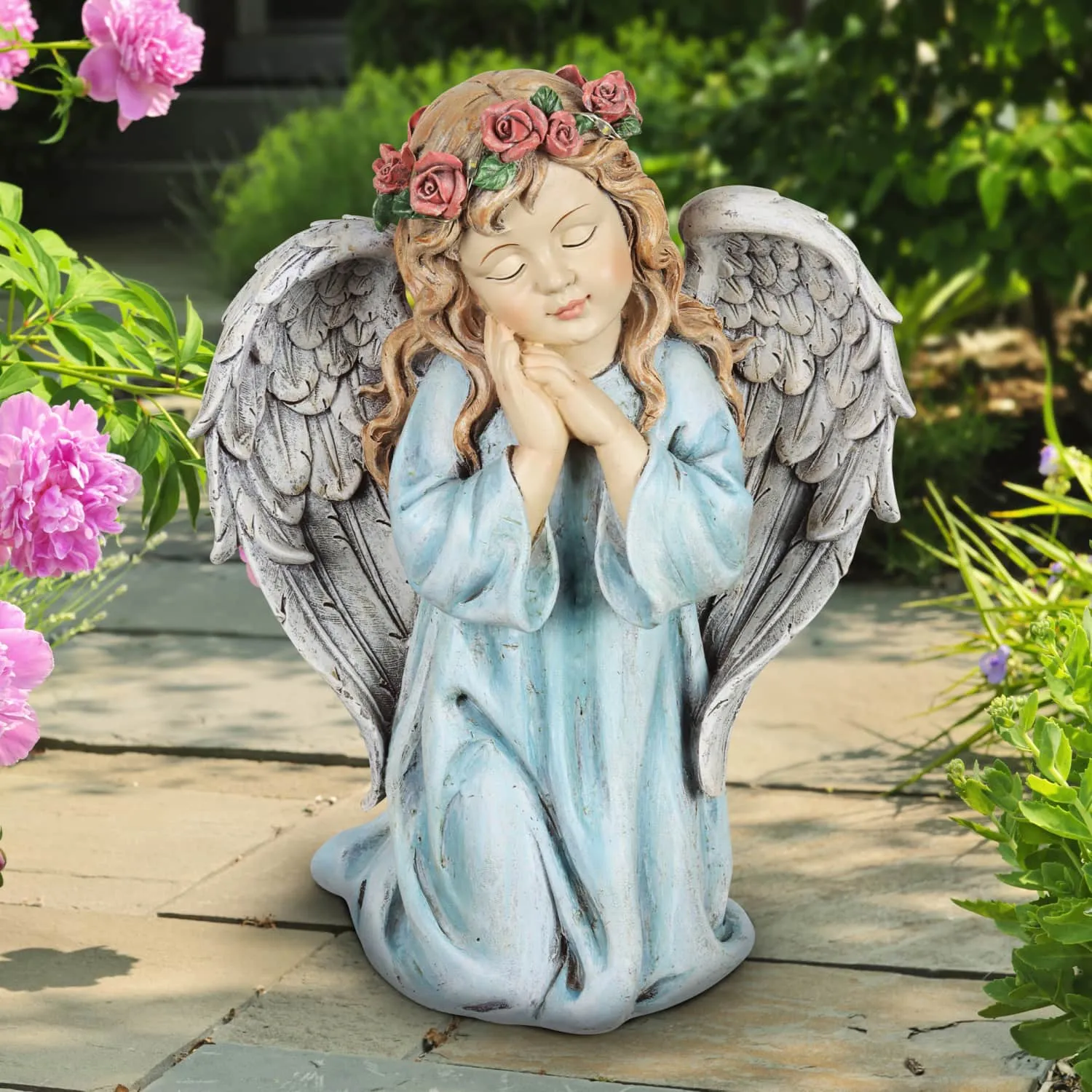 Solar Hand Painted Little Girl Angel Garden Statue with LED Flower Garland, 8.5 by 10.5 Inches