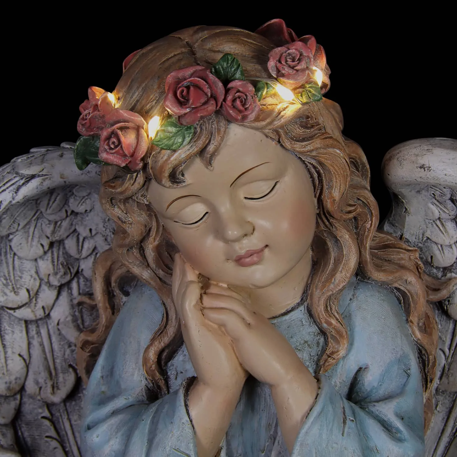 Solar Hand Painted Little Girl Angel Garden Statue with LED Flower Garland, 8.5 by 10.5 Inches