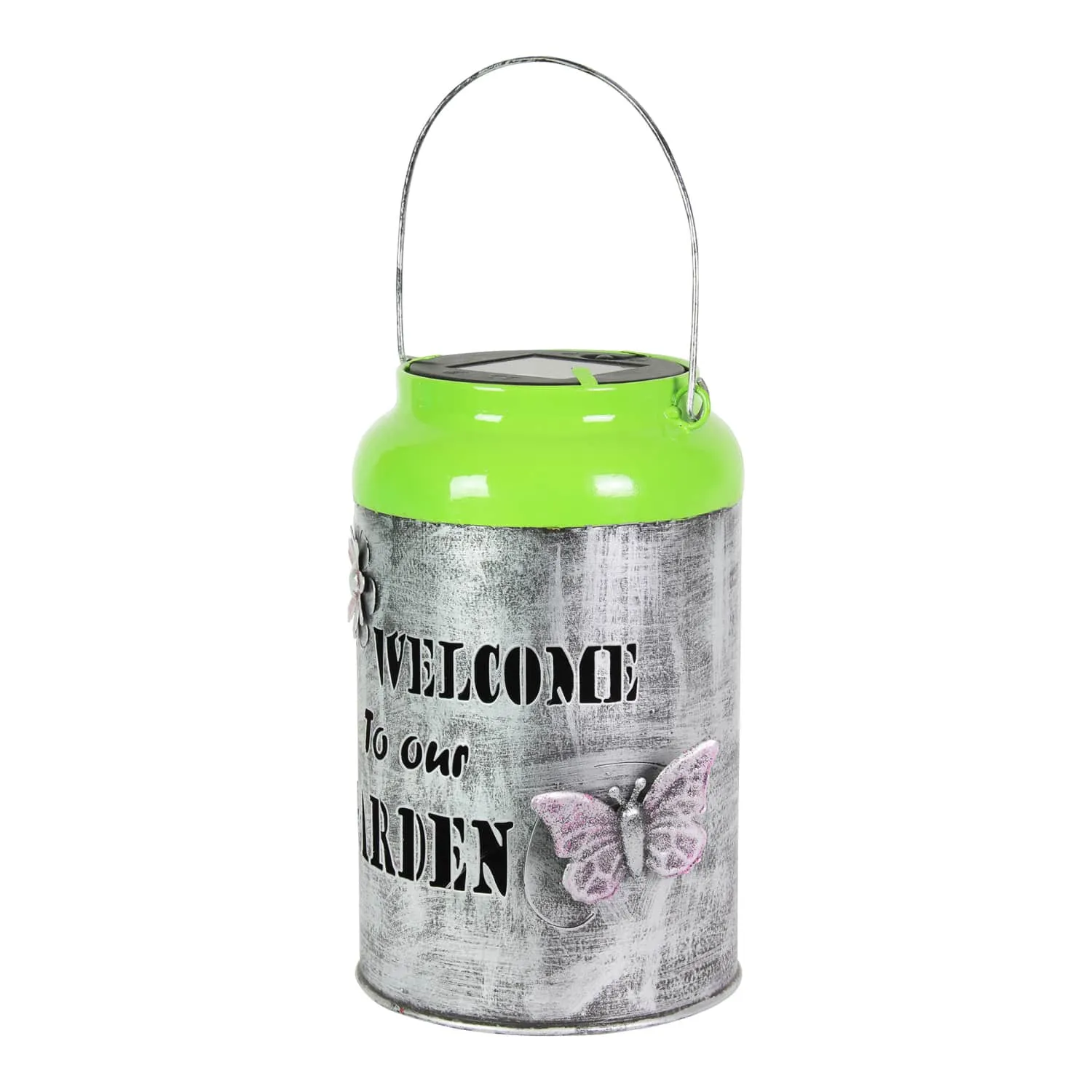 Solar LED Silver and Green Garden Pail Metal Lantern, 12 Inch