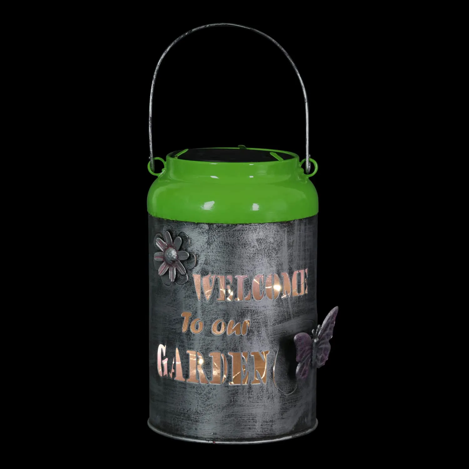 Solar LED Silver and Green Garden Pail Metal Lantern, 12 Inch