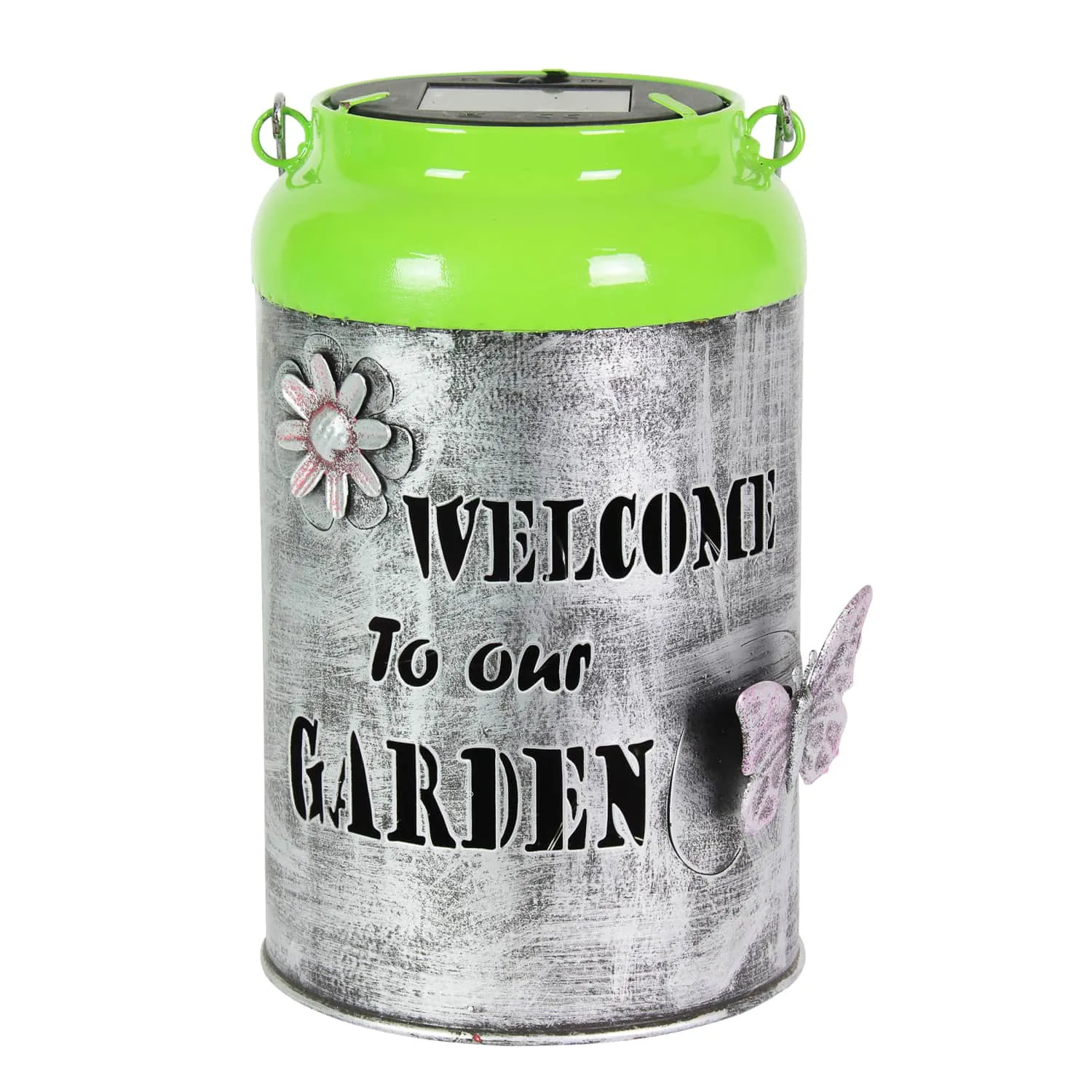 Solar LED Silver and Green Garden Pail Metal Lantern, 12 Inch