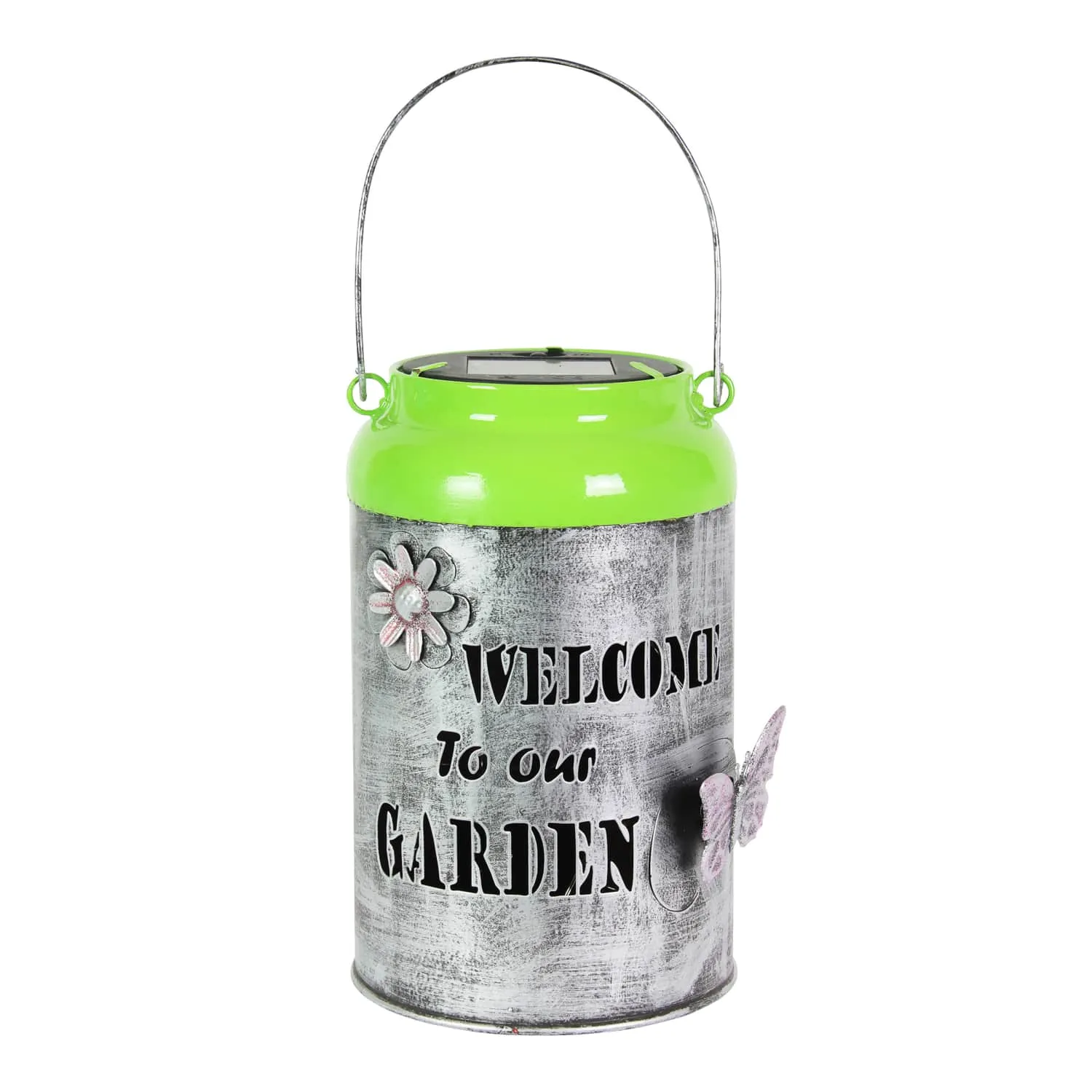 Solar LED Silver and Green Garden Pail Metal Lantern, 12 Inch