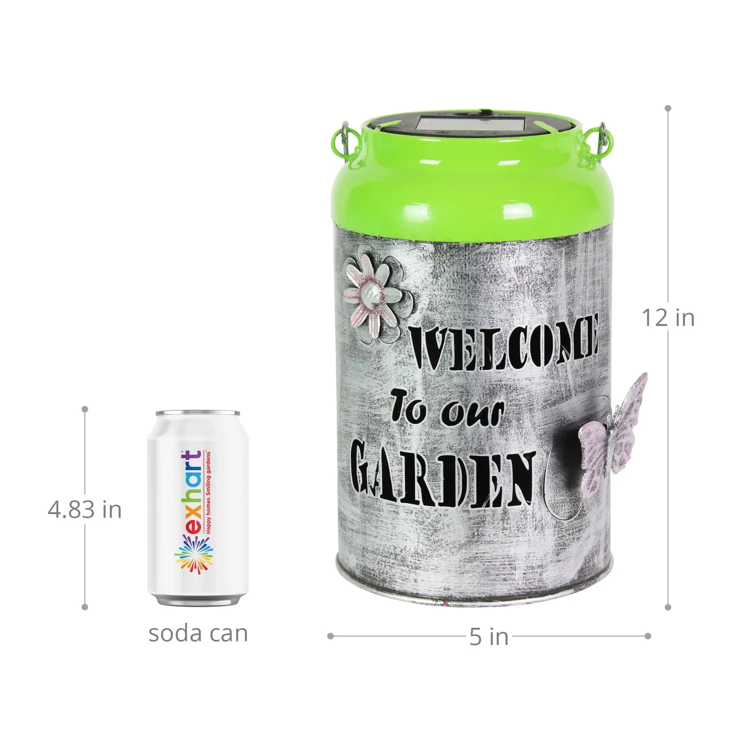 Solar LED Silver and Green Garden Pail Metal Lantern, 12 Inch