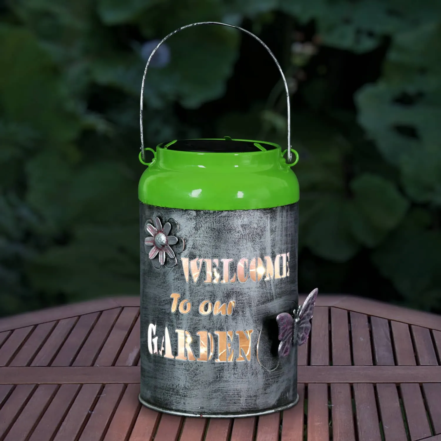 Solar LED Silver and Green Garden Pail Metal Lantern, 12 Inch