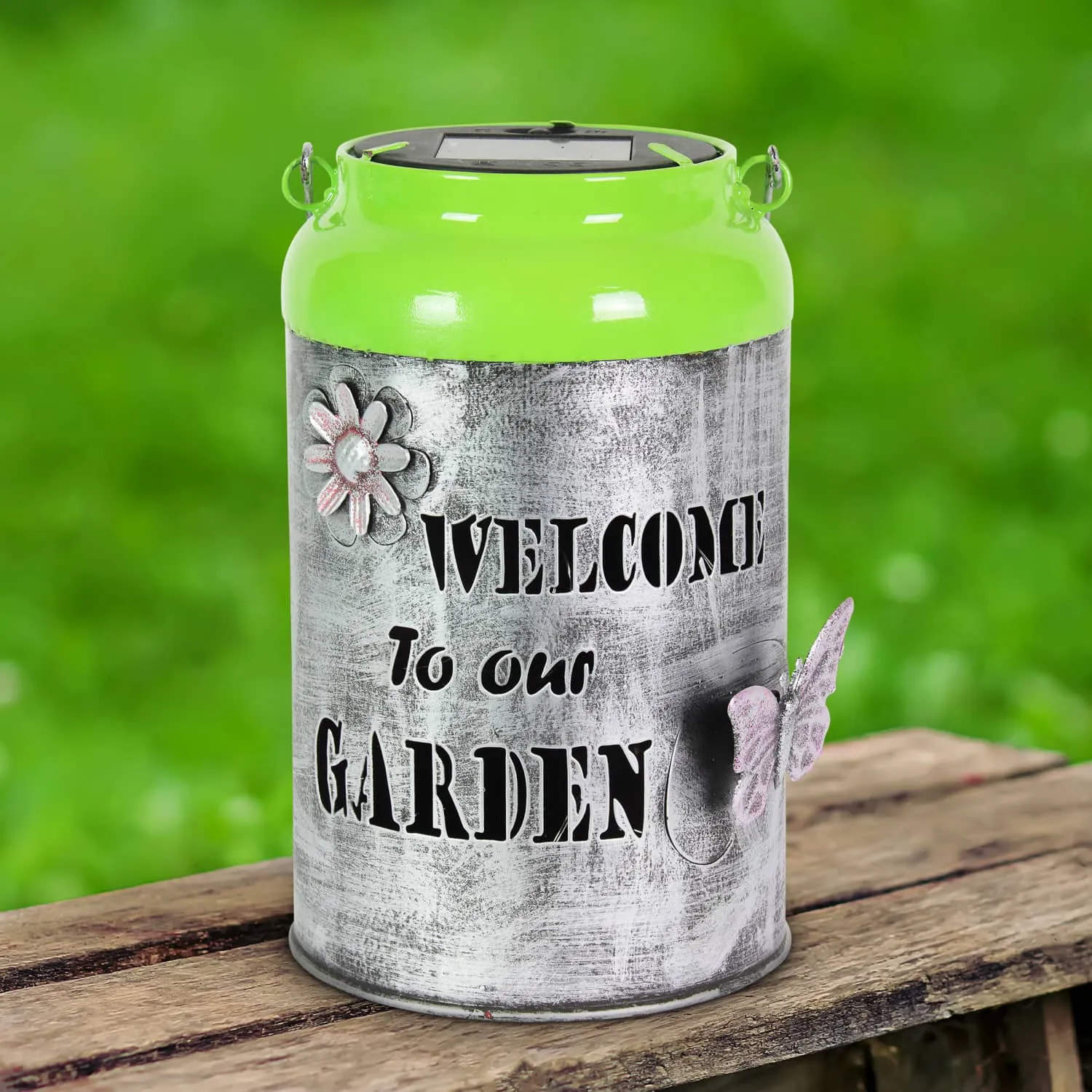 Solar LED Silver and Green Garden Pail Metal Lantern, 12 Inch