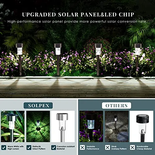 SOLPEX 16 Pack Solar Outdoor Lights Pathway, Stainless Steel Solar Lights Outdoor Waterproof,LED Landscape Lighting Solar Walkway Lights for Landscape/Patio/Lawn/Yard/Driveway-Cold White