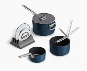 Space Folding Handle Ceramic Non-stick 3-piece Blue Saucepan Set