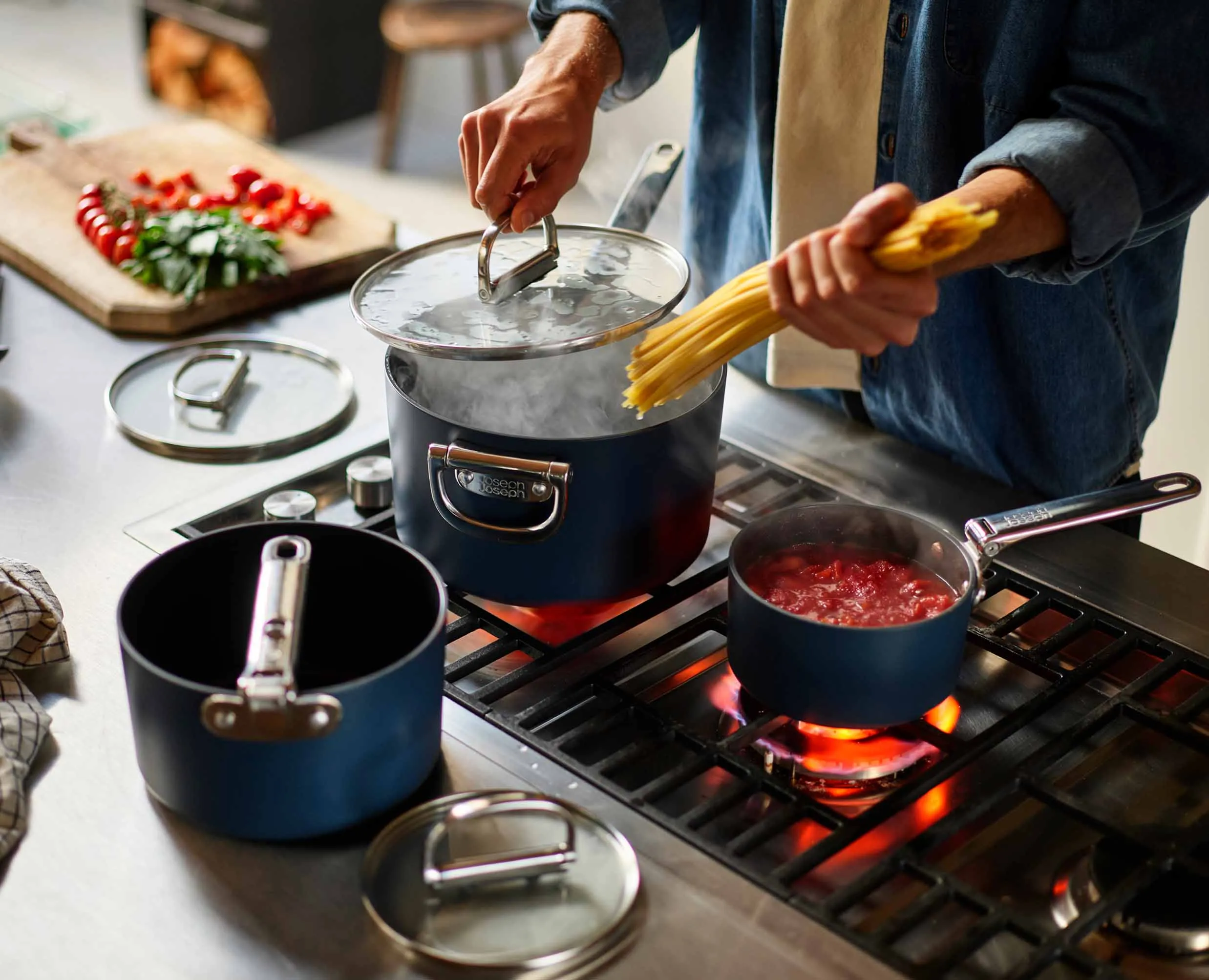 Space Folding Handle Ceramic Non-stick 3-piece Blue Saucepan Set