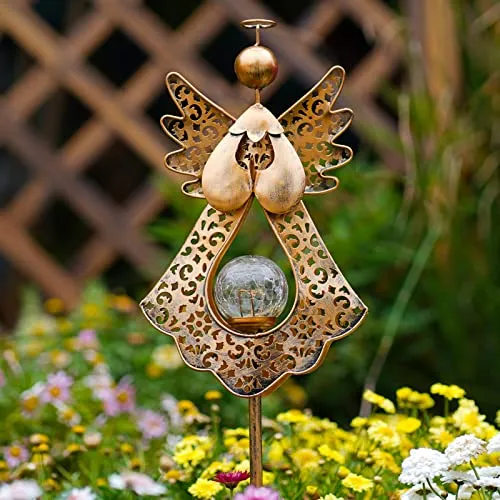 Starryfill Solar Garden Stake Lights Outdoor Bronze Angel Crackle Glass Globe Stake Metal Lights Waterproof Warm White LED for Garden Lawn Patio or Courtyard