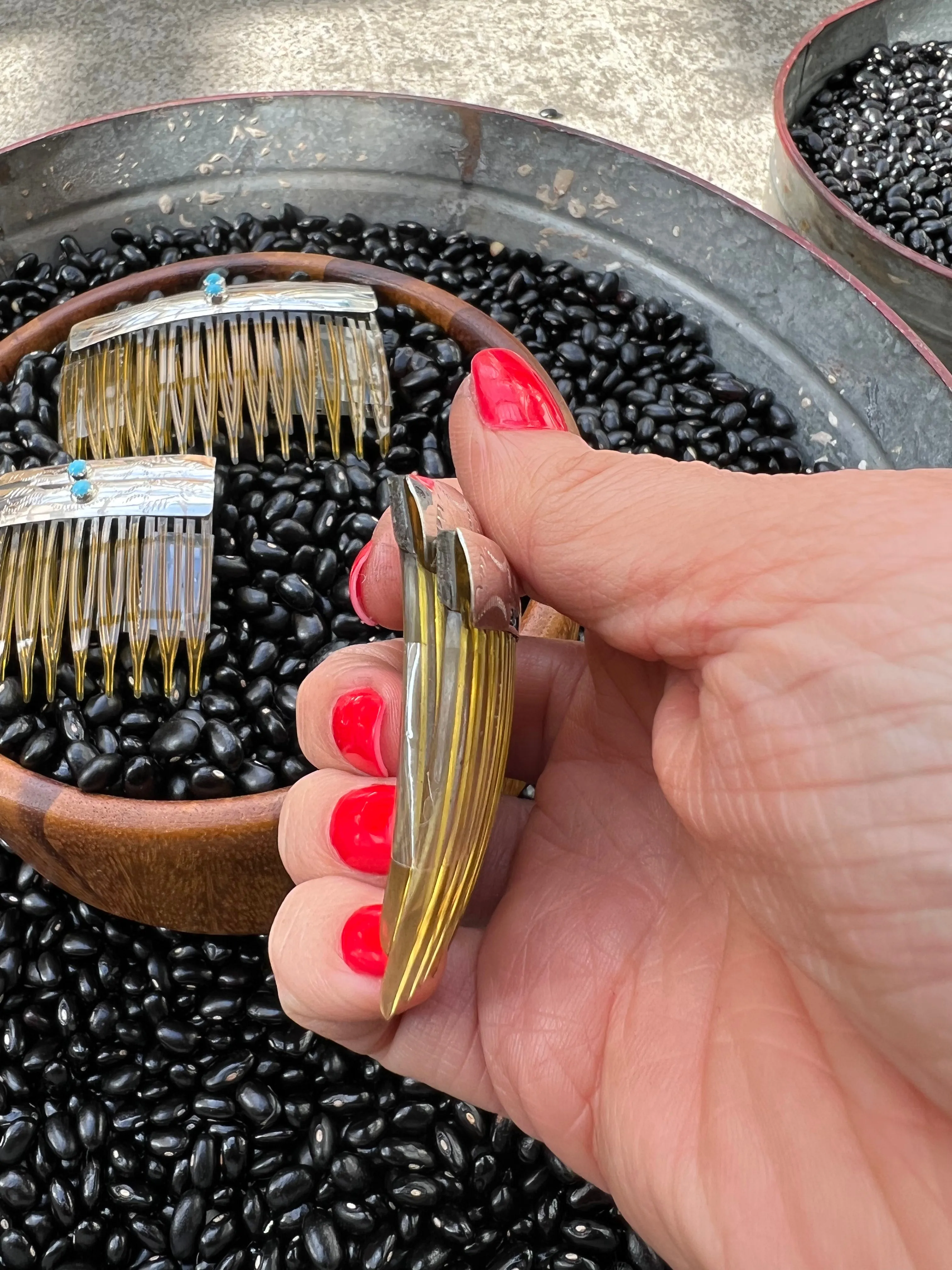 Sterling silver stamped hair combs with turquoise