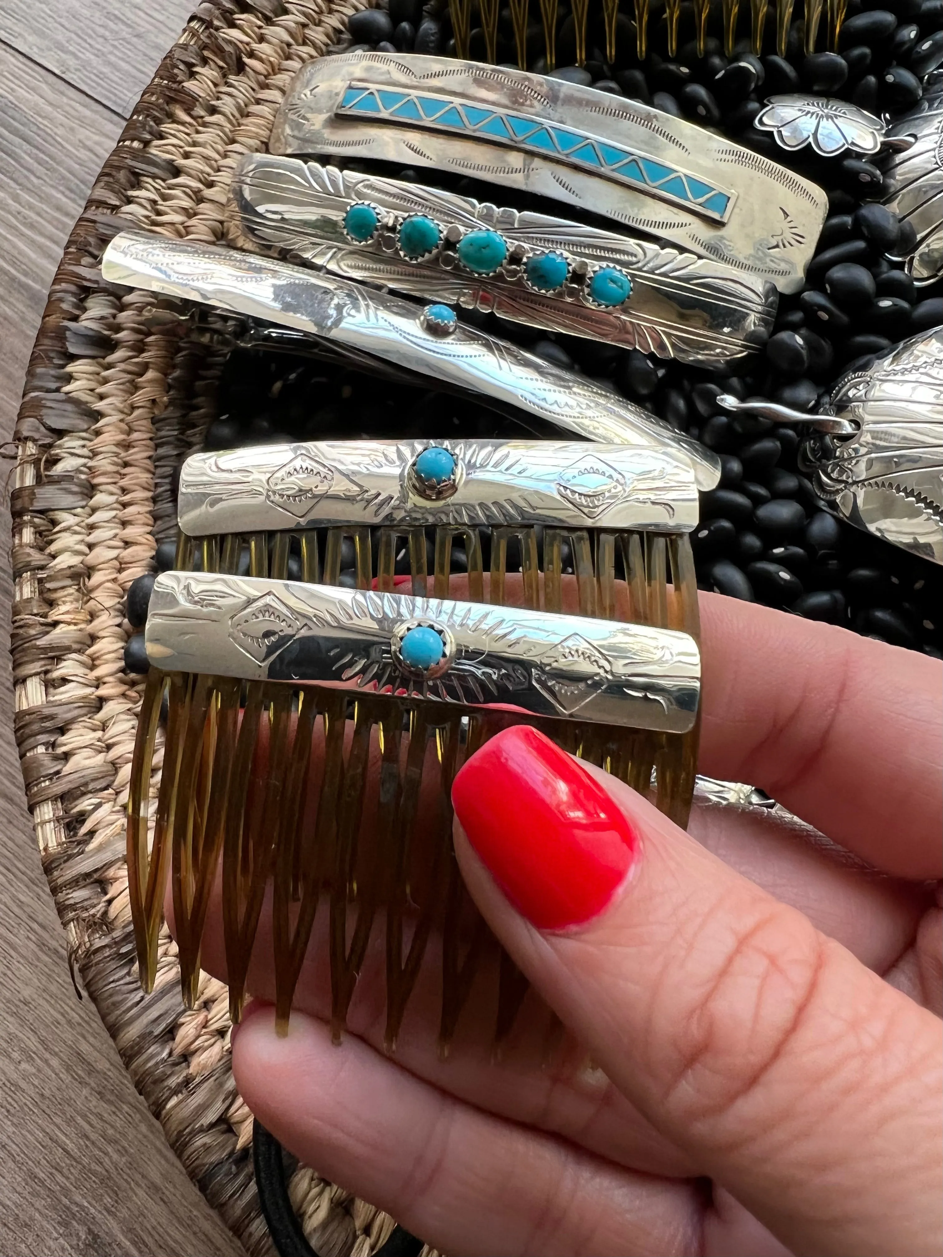 Sterling silver stamped hair combs with turquoise